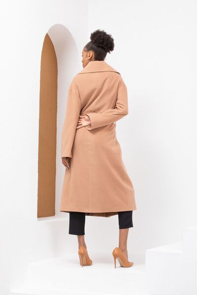 Pitti Women's Camel Leopard Lined Stitched Sleeves Zippered Belted Coat 70639