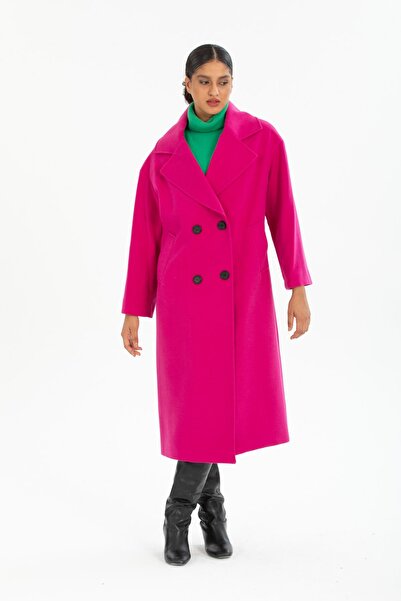 Pitti Women's Fuchsia Buttoned Oversize Lined Coat with Pockets