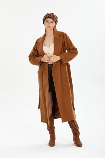 Pitti Kadın Yırtmaçlı Taba Fermuarlı Uzun Kuşaklı Kaban 70620