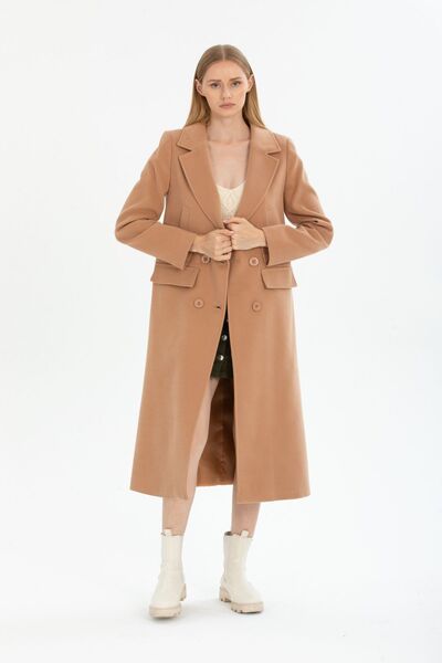 Pitti Women's Camel Buttoned Kangaroo Pocket Long Coat 70569