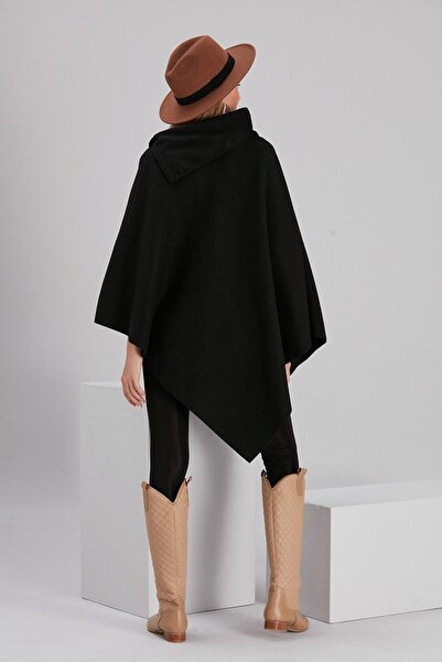 Dark Lavish Women's Black Stylish Design Poncho with Button Detail on the Collar