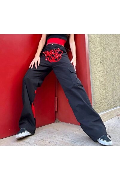 Generic Brand Y2k Minus Grunge ذو تفاصيل جيب البضائع واسعة الساق فضفاضة جان د...