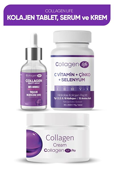 COLLAGEN LIFE 5 Tip Kolajen Tablet + Kolajen Krem + Kolajen Serum 3 Lü Fırsat...