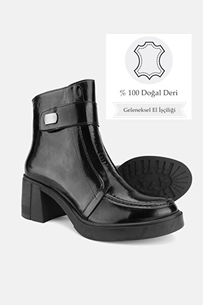 TUNAELLİ KADIN SİYAH RUGAN HAKİKİ DOĞAL DERİ KALIN TOPUKLU BOT & BOOTİE