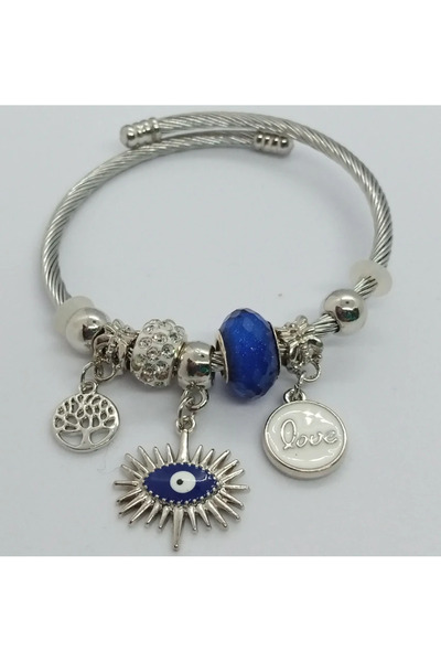 Ödül Moda سوار شجرة الحياة من الفولاذ الفضي ذو العيون الزرقاء