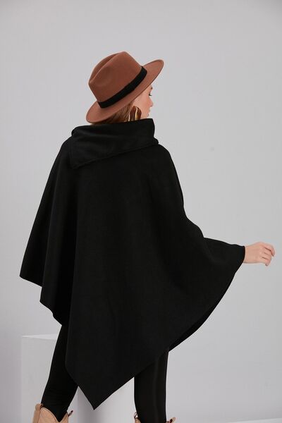 Dark Lavish Women's Black Stylish Design Poncho with Button Detail on the Collar