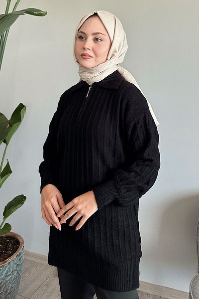 InStyle Pulover negru din tricotaje de pluș - cu fermoar
