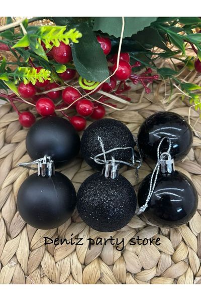 Deniz Party Store 4 εκ. 6 τεμάχια Μαύρο Χριστουγεννιάτικο Δέντρο Στολίδι Cici Ball