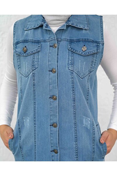 sorisso Sanding Detailed Long Denim Vest