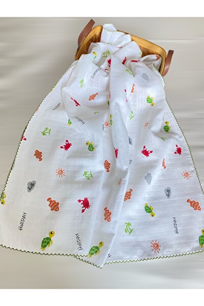 Müslin Bebek Örtüsü  Pamuk Cotton Desenli Biyeli