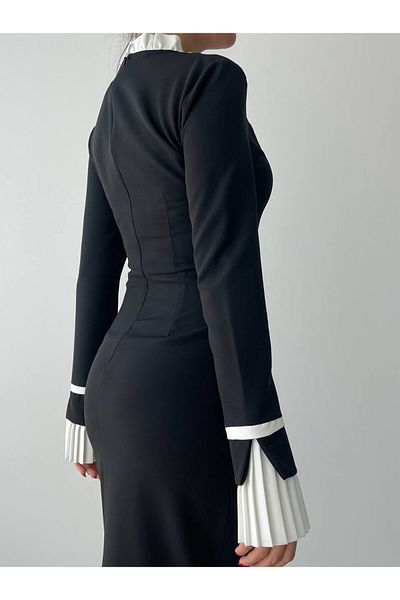 Julidress Rochie premium de lungime midi cu mâneci negre, cu manșete cu volane albe
