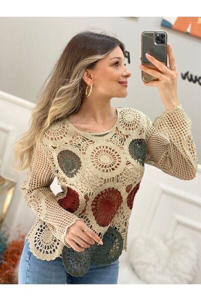 Ateilerdijle Design Beige Color Patterned Lace Blouse