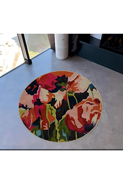 Rugs Modern Halı Multicolored Abstract Floral Patterned Round Woven Base Mode...