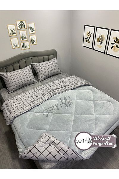 Çetinhome Smoked Square Patterned Double Welsoft Quilt Set