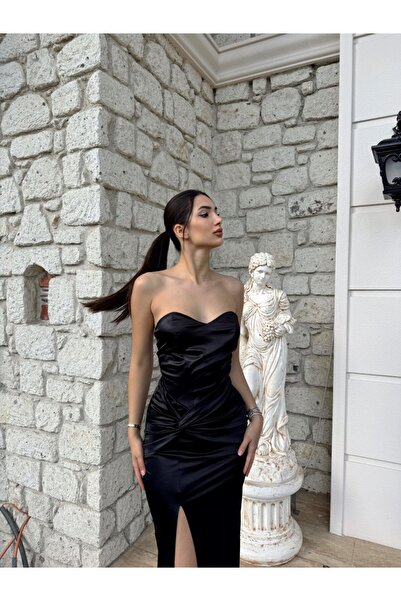 bella istanbul Pamira Ön Düğüm Detay Straplez Saten Abiye