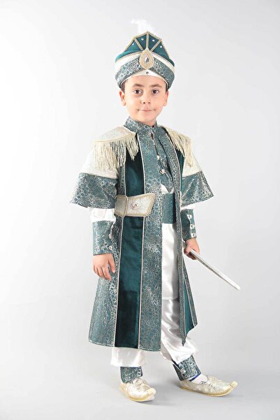 Osmanlı Sünnet Kıyafetleri Şanlı Yeşil Kadife Şehzade Sünnet Takımı