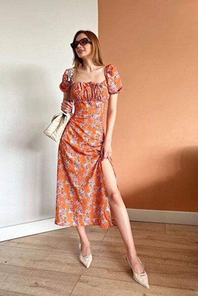 şanlımoda Midi Length Orange Floral Pattern Slit Dress