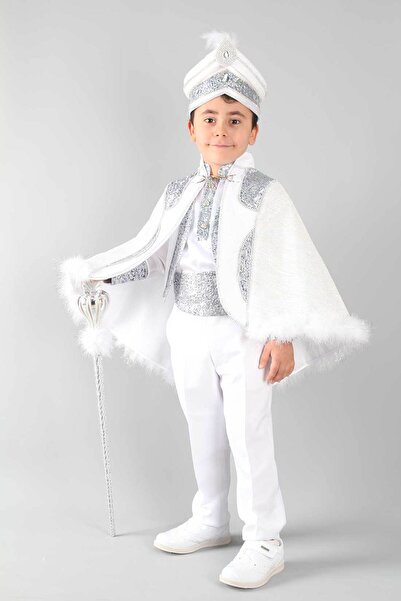 Osmanlı Sünnet Kıyafetleri Taşlı Beyaz Gri Pelerinli Takım