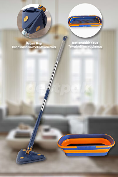 Destpak Kendinden Sıkmalı Üçgen Mop Kova Seti | Katlanabilir Tekerlekli Kova ...