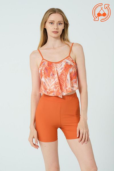 İYİBU Ruffled Strappy Shorts Swimsuit 2 Piece Both Halter Neck and Regular Straps Orange Swimsuit