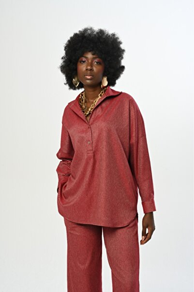 Orfeo Negro Solid Colored Oversize Women's Shirt - Collar Detailed