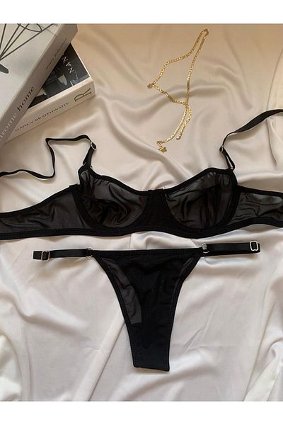ROZENİN LINGERIE Δώρο Πρωτοχρονιάς Μαύρο Underwire Κοστούμι σουτιέν από τούλι χωρίς κύπελλο (ΣΟΥΤΙΕΝ-ΤΑΝΓΚΟ)