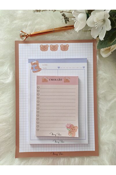 Flowery Paper Ayıcık 3'lü Notepad Set - Memopad,Check List ,Not Defteri ,Bloknot ,Not kağıdı, Haftalık planlayıcı