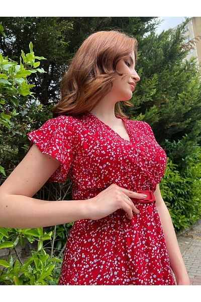 modabetce Crispy Red New Season Γυναικείο φόρεμα χωρίς ζώνη με γιακά με λουλούδι με μοτίβο μίντι