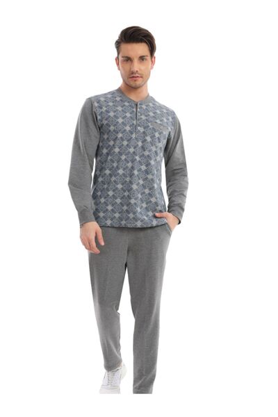 KozaLüks Men's 3 Button Diamond Pattern Anthracite Pajama Suit