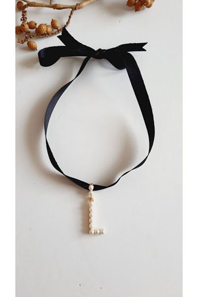 PETEK AKSESUAR Letter L Style Pearl Ribbon Choker Necklace