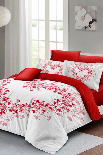MonoHome Red Double Heart Duvet Cover Set - 100% Cotton Satin