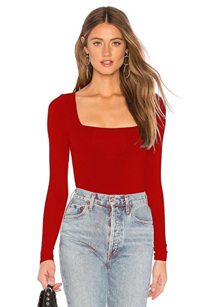 By Kul Design Kadın Kırmızı Jarse Kare Yaka Uzun Kollu Bodysuit