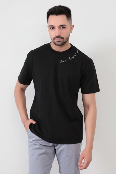 JB John Borners Мъжка черна тениска - принт Live Love, стандартна кройка