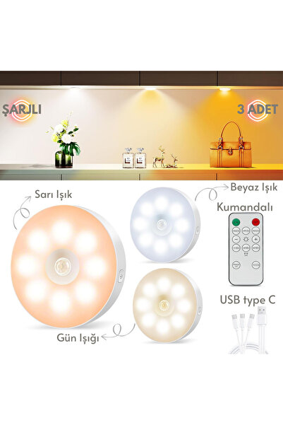TechnoSmart Şarj Edilebilir Kumandalı 3 lü Spot Led Işık Lamba Hareket Sensörlü 3 Renkli Yanabilme