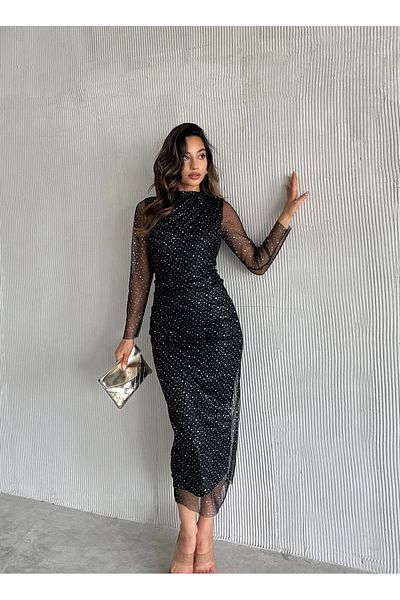 WoolnClyde Rochie de seară midi drapată neagră - Detaliu transparent cu buline, mâneci din tul și căptușeală