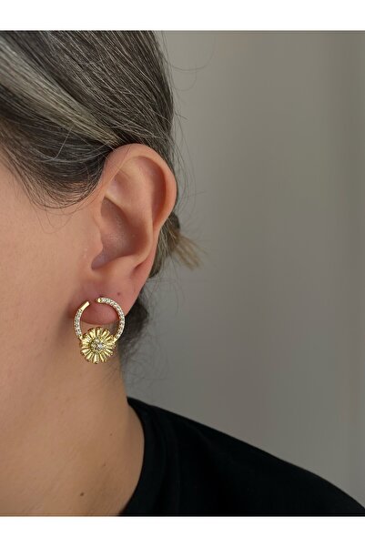 Owentis Çelik Sarı Kristal Taşlı Daire Form Çiçekli Ogilvy Küpe -kararma Yapmaz-