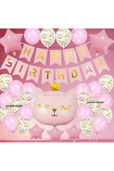 DÜVENCİ TİCARET Pink Cute Cat Folo - Set with Balloons