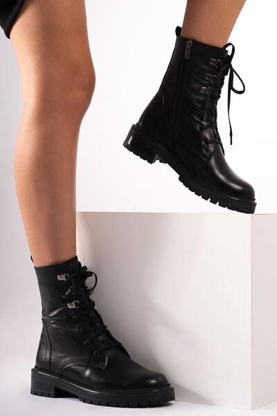 CZ London Hakiki Deri Kadın Uzun Bot Yanı Fermuarlı Dikişli Bağcıklı Postal