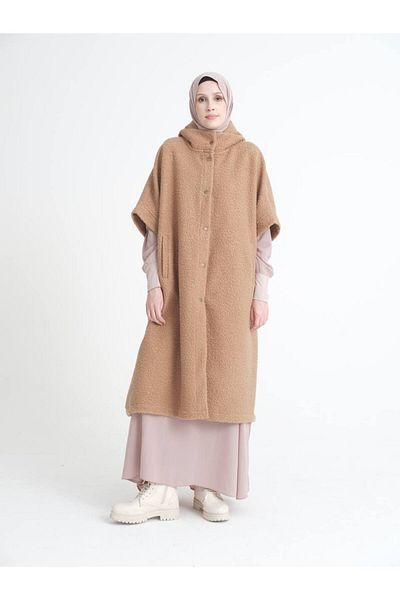 VALENS BOUTİQUE Γυναικείο Hijab Poncho με αποσπώμενη κουκούλα Curly Cashew Winter Poncho