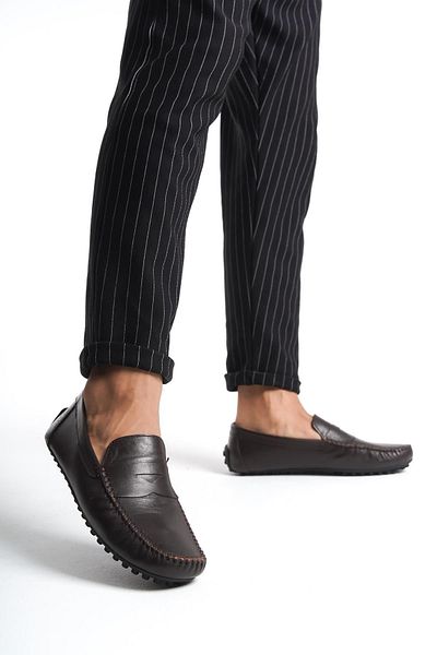 CZ London Genuine Leather Men's Serrated Sole Loafer Shoes with Stripe Detail