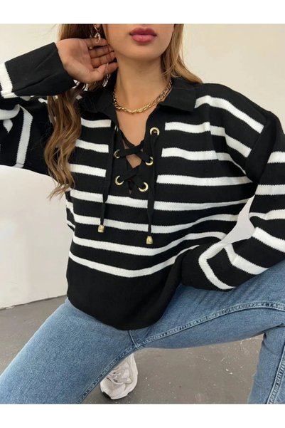 NATUFIAN STORE Women's Striped Lace-up Collar Sweater, Women's Knitwear Sweater