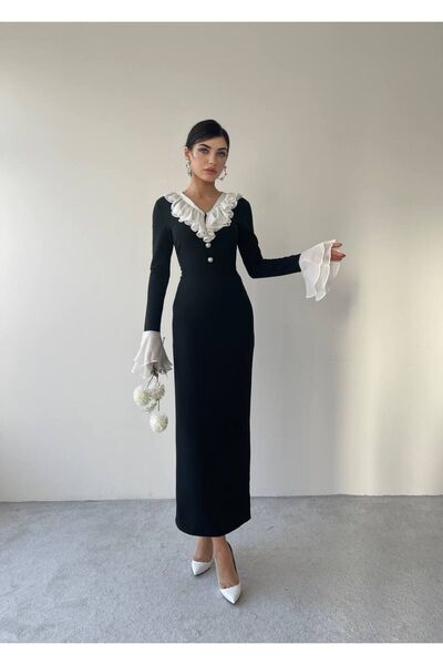Afiş Butik Siyah Yakası Fırfırlı Düğme Detaylı Elbise