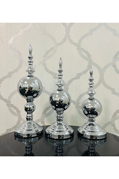Furkan Dekoratif Metal Küre Gümüş Üçlü Obje