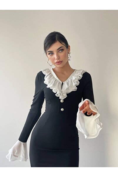 Afiş Butik Siyah Yakası Fırfırlı Düğme Detaylı Elbise