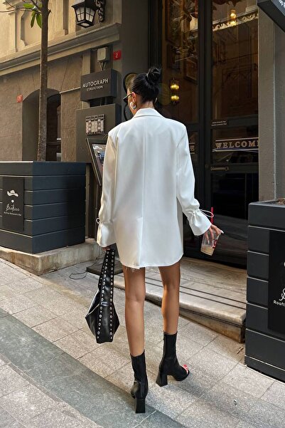 Ortaya Çık Oversize White Blazer Jacket - Σχέδιο με μανίκια