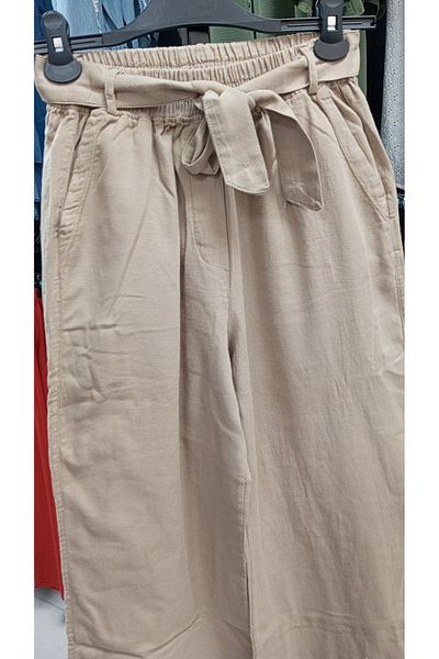 AKŞEN GİYİM Plus Size Women's - 100% Cotton Linen, Double Pocket, Belted, Elastic Waist Authentic Trousers