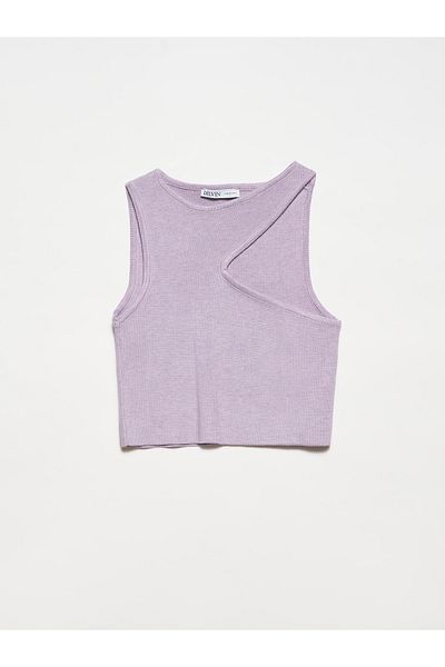 Dilvin Lilac Melange Crew Neck and Front Low Cut Sweater