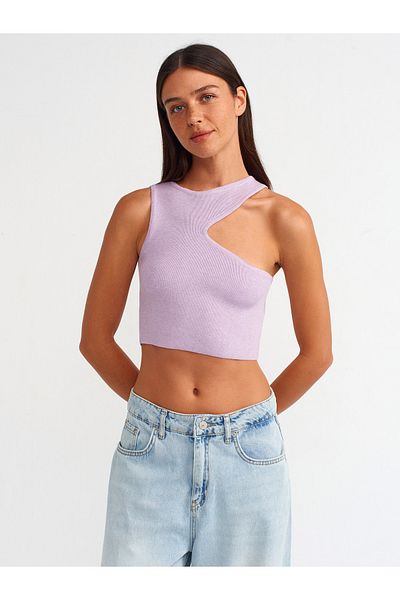 Dilvin Lilac Melange Crew Neck and Front Low Cut Sweater