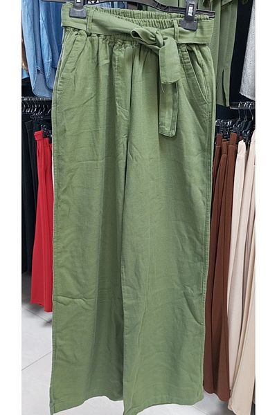 AKŞEN GİYİM Plus Size Women's - 100% Cotton Linen, Double Pocket, Belted, Elastic Waist Authentic Trousers