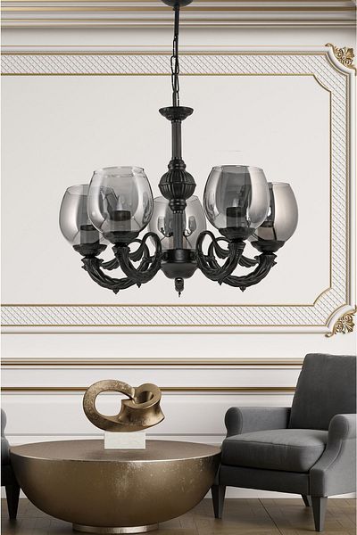DEDE Five-Armed Riga Zamak Chandelier with Black Smoke Color Glass